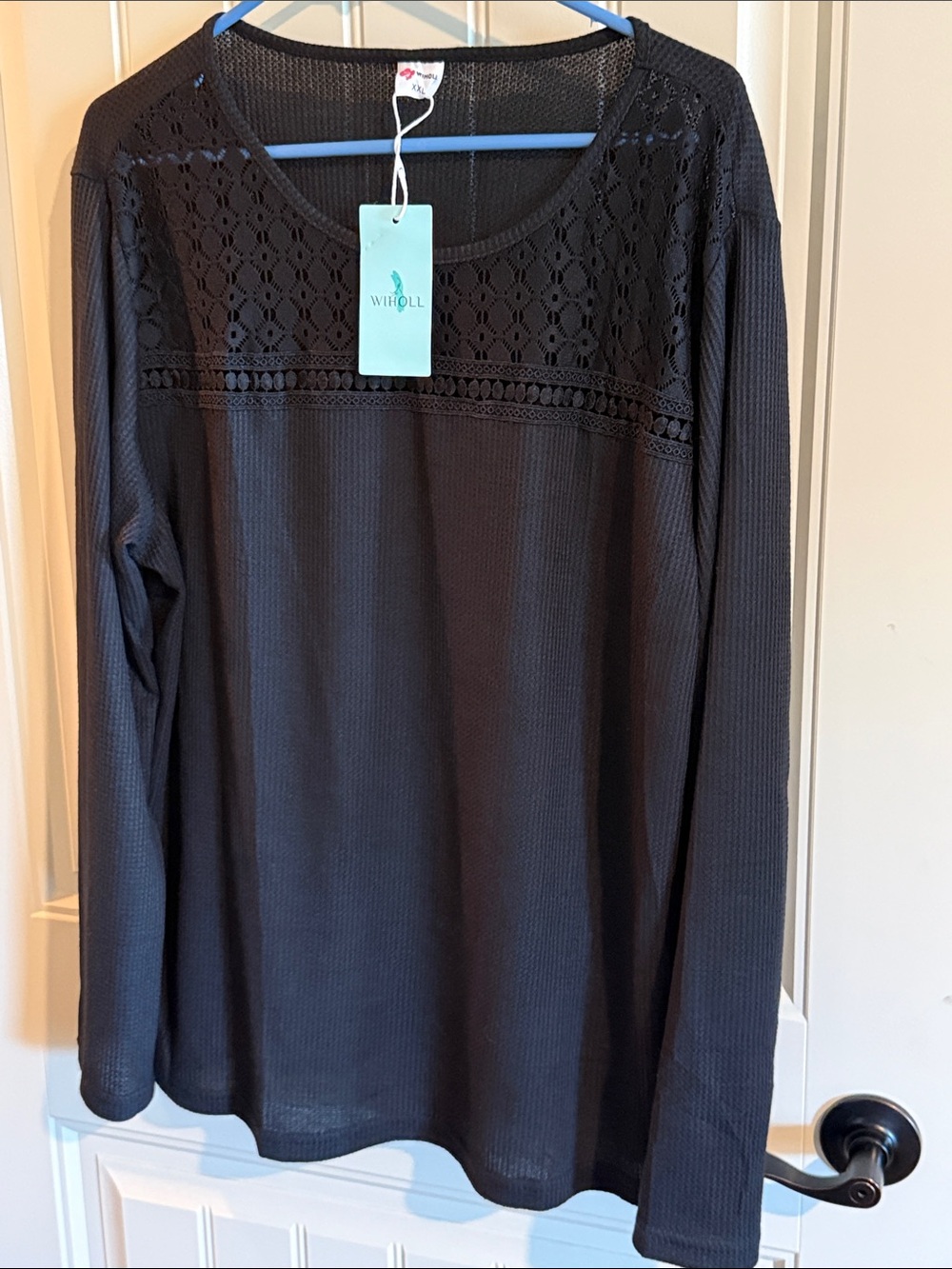 Amazon Women's Black Crochet Yoke Long Sleeve Ribbed Blouse